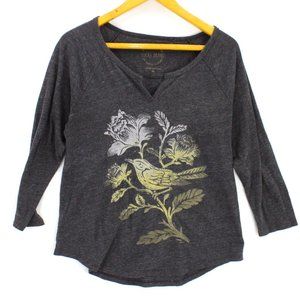 Lucky Brand Blouse Top Women Dark Gray Floral Birds Graphic V Neck Cotton Medium